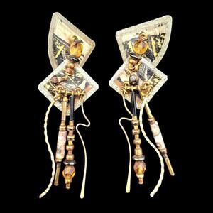 80s‎ Vintage Iridescent Metallic Statement Mixed Media Dangle Pierced Earrings